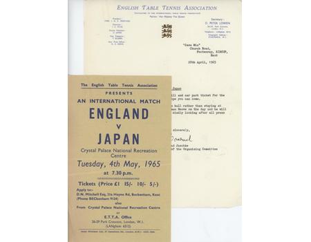 ENGLAND V JAPAN 1965 TABLE TENNIS MATCH HANDBILL
