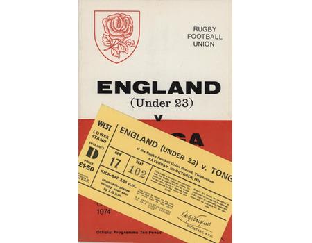 ENGLAND U23 V TONGA 1974 RUGBY PROGRAMME & TICKET