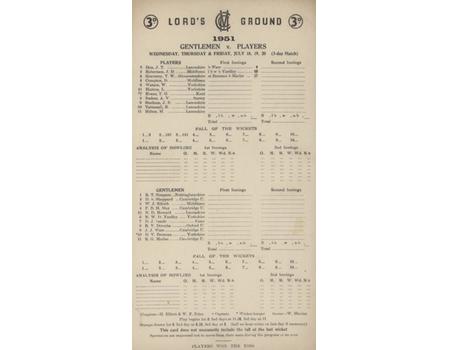 GENTLEMEN V PLAYERS 1951 CRICKET SCORECARD