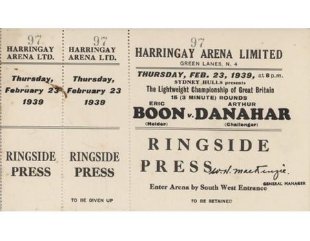 ERIC BOON V ARTHUR DANAHAR 1939 BOXING TICKET (FIRST LIVE TELEVISED FIGHT)