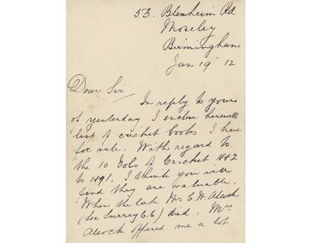 SYDNEY SANTALL (WARWICKSHIRE) 1912 CRICKET LETTER