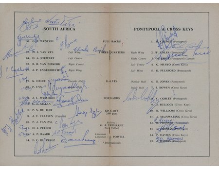 PONTYPOOL & CROSS KEYS V SOUTH AFRICA 1960-61 SIGNED RUGBY PROGRAMME