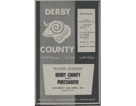 DERBY COUNTY V PORTSMOUTH 1966-67 FOOTBALL PROGRAMME