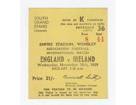 ENGLAND V IRELAND 1959 FOOTBALL TICKET