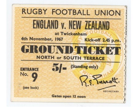 ENGLAND V NEW ZEALAND 1967 RUGBY TICKET