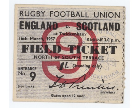 ENGLAND V SCOTLAND 1957 RUGBY TICKET