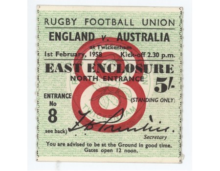 ENGLAND V AUSTRALIA 1958 RUGBY TICKET