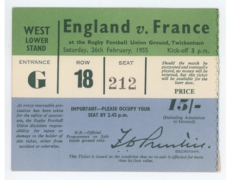ENGLAND V FRANCE 1955 RUGBY TICKET