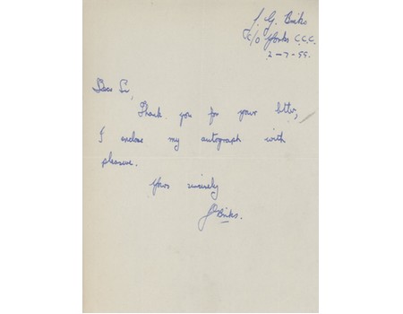 JIMMY BINKS (YORKSHIRE) 1955 HANDWRITTEN  CRICKET LETTER