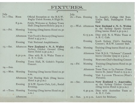 NEW ZEALAND RUGBY TOUR TO NEW SOUTH WALES 1907 FIXTURE CARD