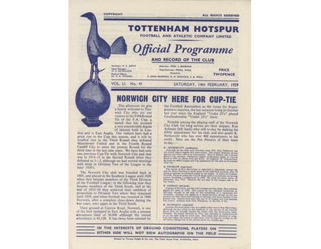 TOTTENHAM HOTSPUR V NORWICH CITY 1958-59 FOOTBALL PROGRAMME 