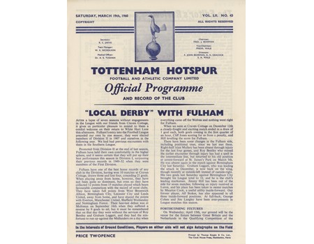 TOTTENHAM HOTSPUR V FULHAM 1959-60 FOOTBALL PROGRAMME