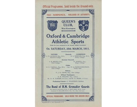 OXFORD V CAMBRIDGE 1911 ATHLETIC SPORTS PROGRAMME