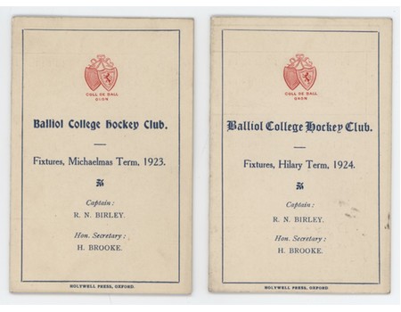 BALLIOL COLLEGE HOCKEY CLUB FIXTURE CARDS 1923 & 1924 - THE PROPERTY OF HENRY BROOKE