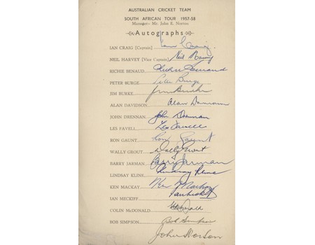 AUSTRALIA 1957-58 SIGNED CRICKET ITINERARY