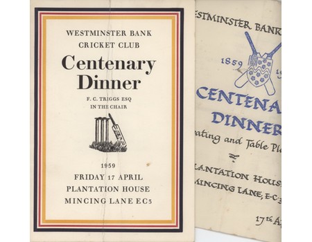 WESTMINSTER BANK CRICKET CLUB CENTENARY DINNER MENU 1959