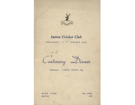 SUTTON CRICKET CLUB CENTENARY DINNER MENU 1957