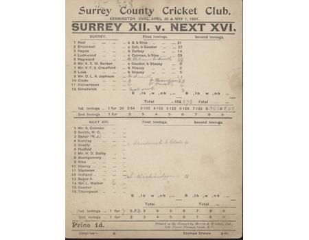 SURREY XII V NEXT XVI 1901 CRICKET SCORECARD