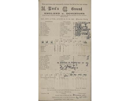 ENGLAND V DOMINIONS 1945 CRICKET SCORECARD