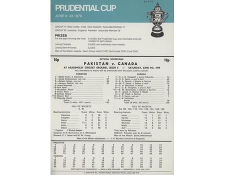 PAKISTAN V CANADA PRUDENTIAL CUP 1979 CRICKET SCORECARD