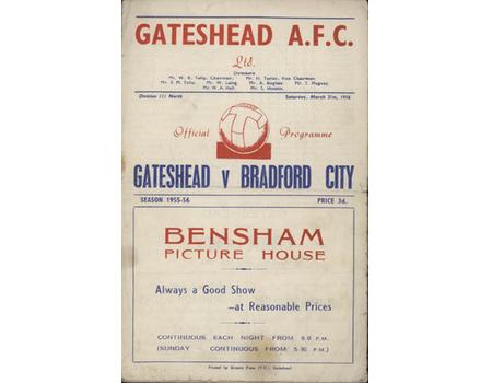 GATESHEAD V BRADFORD CITY 1955-56 FOOTBALL PROGRAMME