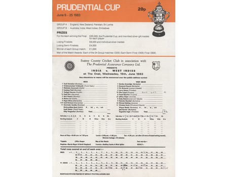 INDIA V WEST INDIES 1983 WORLD CUP CRICKET SCORECARD