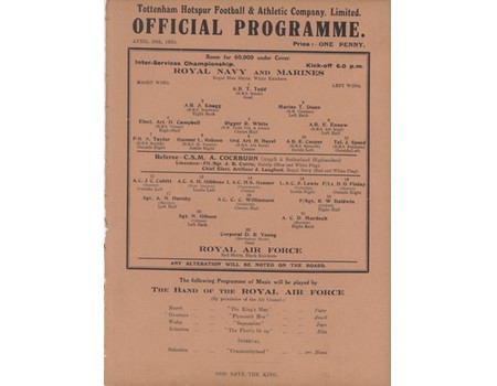 ROYAL NAVY AND MARINES V ROYAL AIR FORCE (WHITE HART LANE) 1938-39 FOOTBALL PROGRAMME