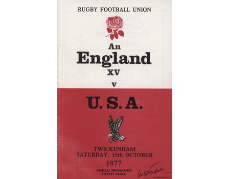 AN ENGLAND XV V USA 1977 RUGBY UNION PROGRAMME