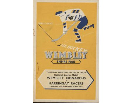 WEMBLEY MONARCHS V HARRINGAY RACERS 1948-49 ICE HOCKEY PROGRAMME