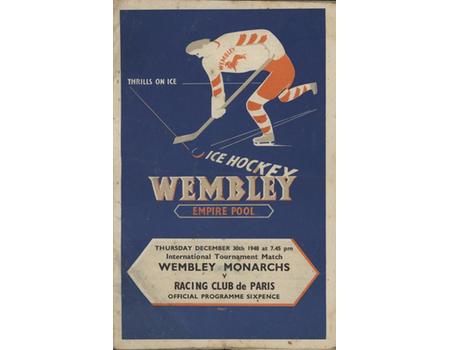 WEMBLEY MONARCHS V RACING CLUB DE PARIS 1948-49 ICE HOCKEY PROGRAMME