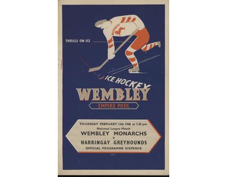WEMBLEY MONARCHS V HARRINGAY GREYHOUNDS 1947-48 ICE HOCKEY PROGRAMME