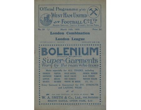 LONDON COMBINATION V LONDON LEAGUE 1924-25 (UPTON PARK) FOOTBALL PROGRAMME