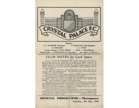 CRYSTAL PALACE V INTERNATIONAL MANAGERS XI 1955-56 FOOTBALL PROGRAMME