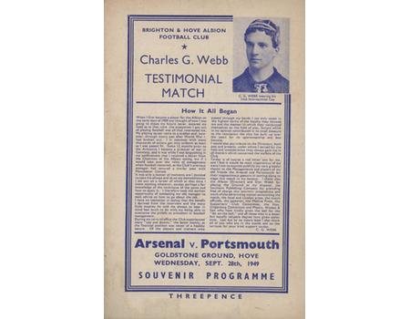 ARSENAL V PORTSMOUTH (CHARLES G WEBB TESTIMONIAL) 1949-50 FOOTBALL PROGRAMME - PLAYED AT BRIGHTON
