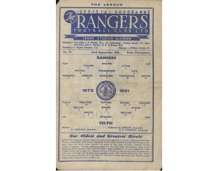 RANGERS V CELTIC 1951-52 FOOTBALL PROGRAMME