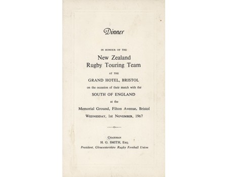 NEW ZEALAND TOUR OF BRITISH ISLES 1967 MENU - SIGNED BY NEW ZEALAND