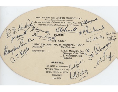 NEW ZEALAND TOUR TO THE BRITISH ISLES 1935-36 SIGNED RUGBY MENU