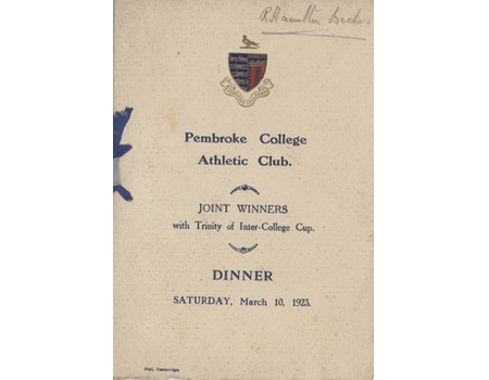 PEMBROKE COLLEGE ATHLETIC CLUB 1923 SIGNED MENU