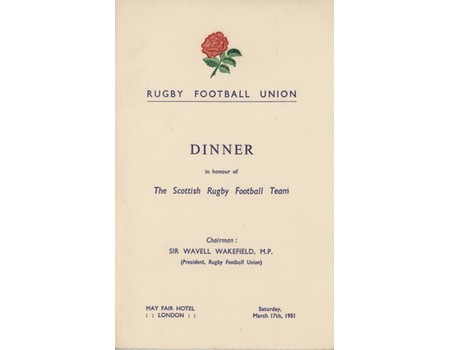 ENGLAND V SCOTLAND 1951 RUGBY DINNER MENU