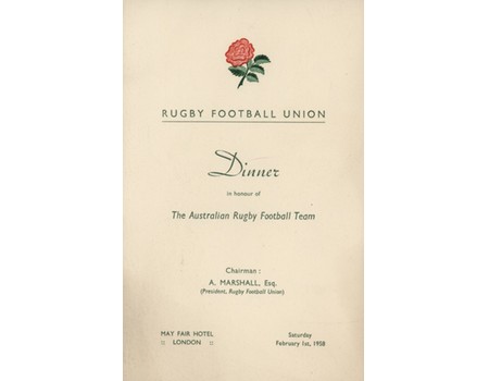 ENGLAND V AUSTRALIA 1958 RUGBY DINNER MENU