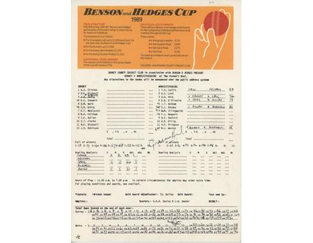 SURREY V WORCESTERSHIRE 1989 (BENSON & HEDGES CUP) - SIGNED BY GRAEME HICK