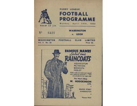 WARRINGTON V LEIGH 1952 RUGBY LEAGUE PROGRAMME