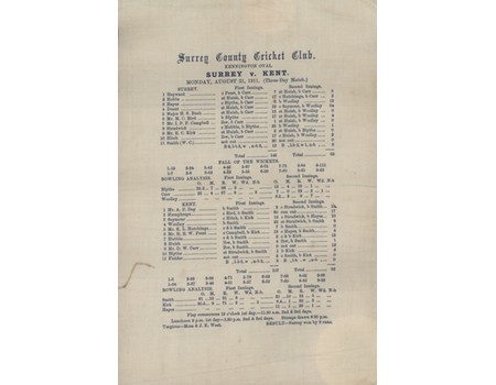 SURREY V KENT 1911 SILK CRICKET SCORECARD