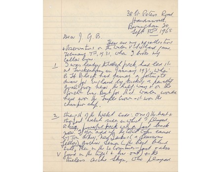 WATCYN THOMAS (WALES) 1965 RUGBY LETTER - RECOUNTING 1931 TEST V SCOTLAND