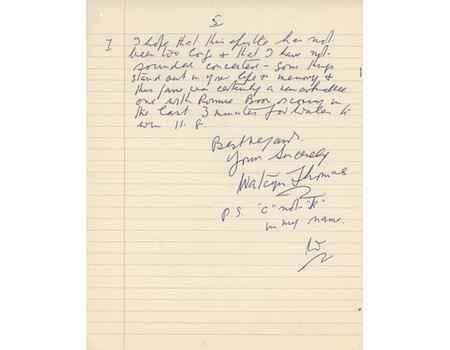 WATCYN THOMAS (WALES) 1965 RUGBY LETTER - RECOUNTING 1931 TEST V SCOTLAND