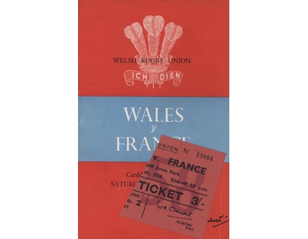 WALES V FRANCE 1958 RUGBY PROGRAMME + TICKET