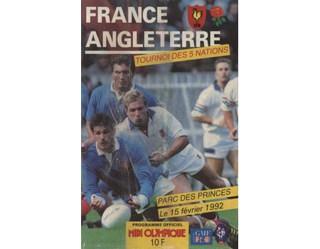 FRANCE V ENGLAND 1992 RUGBY PROGRAMME