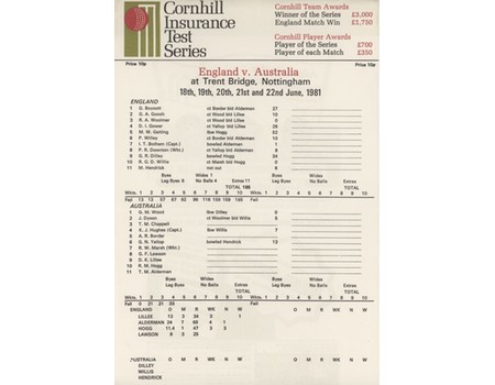 ENGLAND V AUSTRALIA 1981 (TRENT BRIDGE) CRICKET SCORECARD