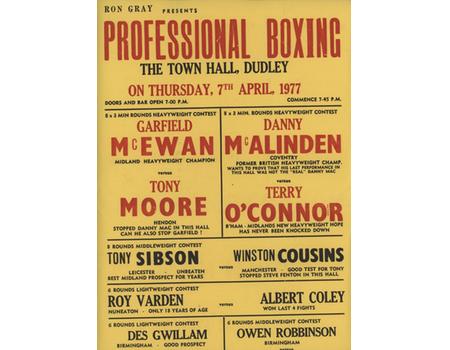 GARFIELD MCEWAN V TONY MOORE (DUDLEY TOWN HALL) 1977 BOXING FLYER POSTER