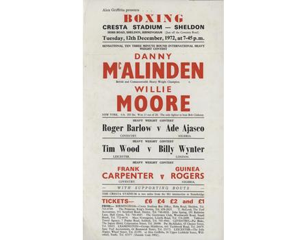 DANNY MCALINDEN V WILLIE MOORE (SHELDON) 1972 BOXING FLYER POSTER